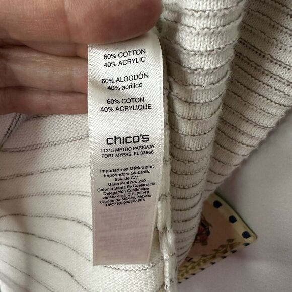 Chico's Cardigan Sweater 2 Striped Long Preppy Large Tan White Open Front - Picture 3 of 6